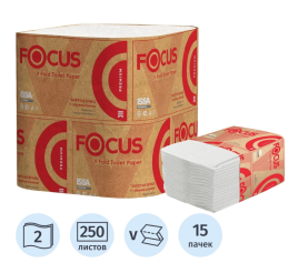Бумага туалетная листовая Focus Premium T3 2-слойная белая 15 пачек по 250 листов (5083735)