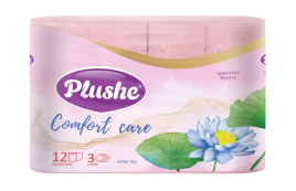 Туалетная бумага Plushe «Comfort care» water lily, розовый, аромат.,12 рул., 3 слоя,12 в уп