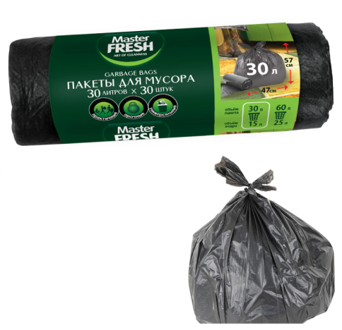 Мешки для мусора 30 л, 57х47 см, черные, 7 мкм, 30 шт., Master FRESH фото 1